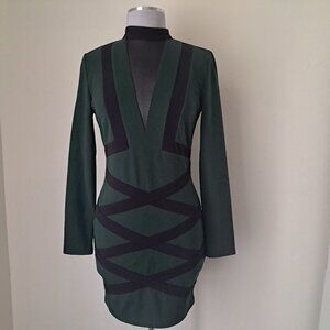 Privy Women Juniors Bodycon Dress Bell Long Sleeve Green/Black Color Size L